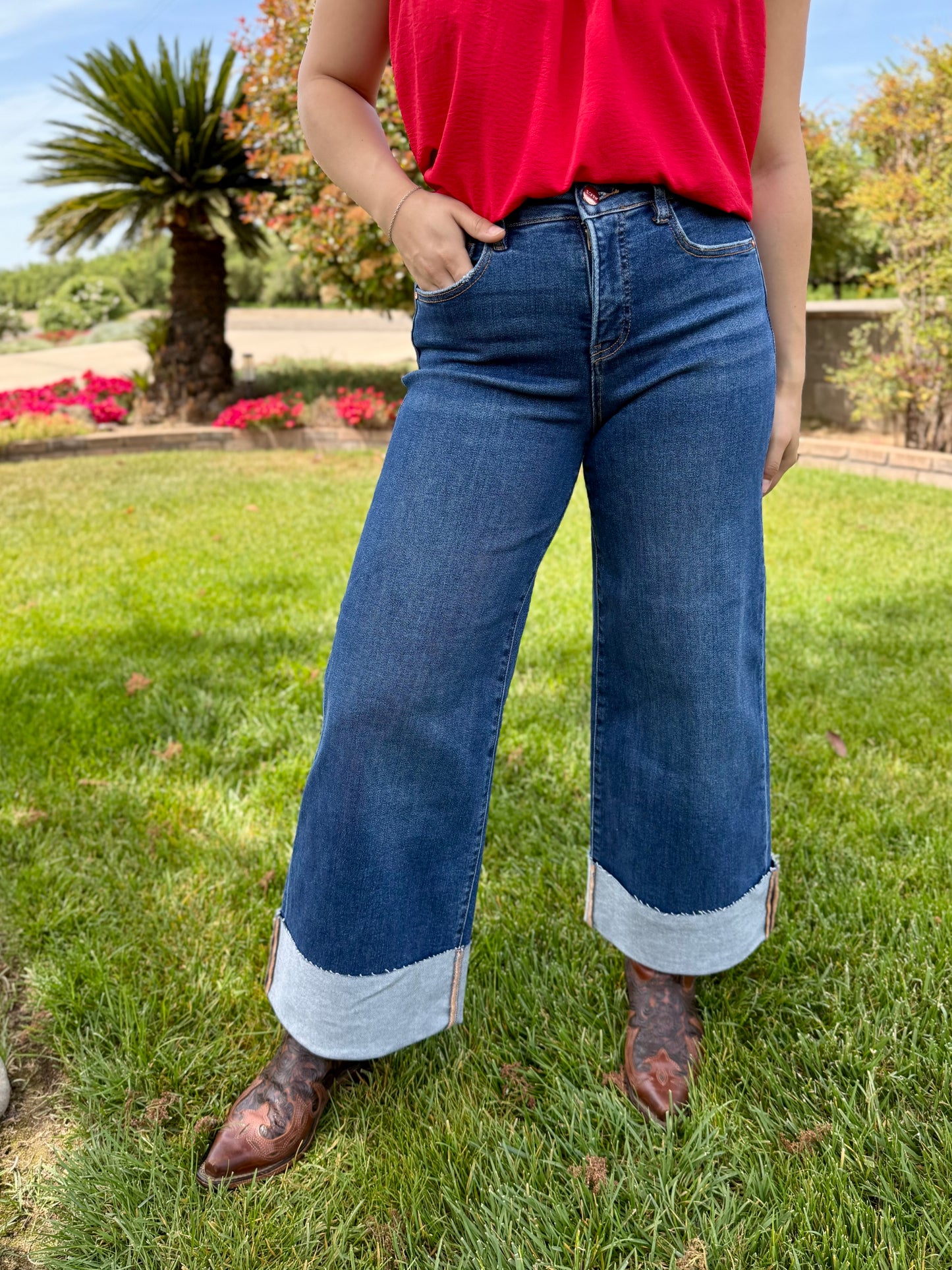 RISEN High Rise Cuffed Wide Leg Jeans