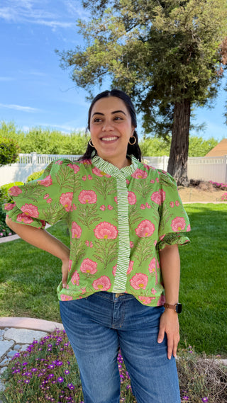 Entro Puff Sleeve Floral Blouse with Striped Trim