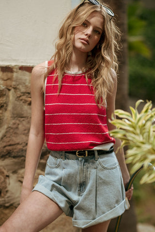 Red Pinstripe Knit Tank – Cropped Sleeveless Top
