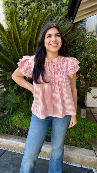 Stripe Ruffled Short Sleeve Blouse