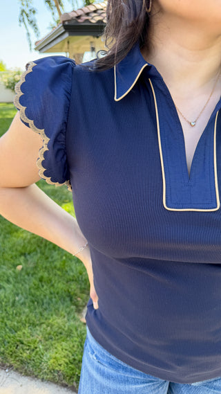 Embroidered Short Sleeve Collar V-Neck Knit Top