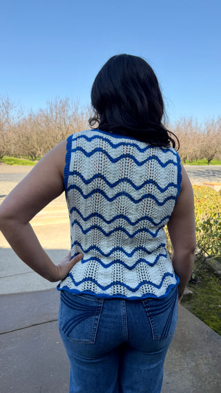 Marine Scalloped Striped Knit Tank – Ivory & Blue