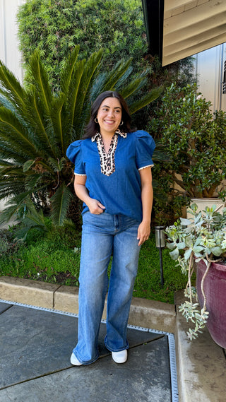Leopard Contrast Puff Sleeve Denim Top