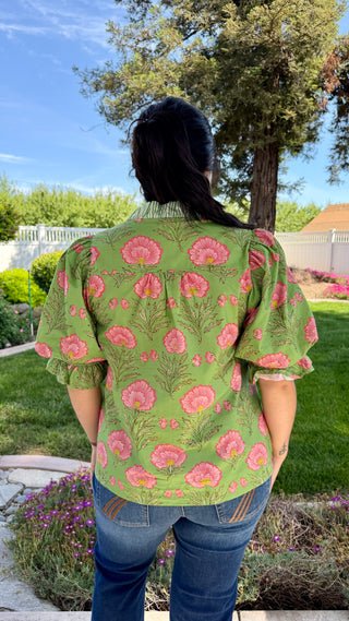 Entro Puff Sleeve Floral Blouse with Striped Trim