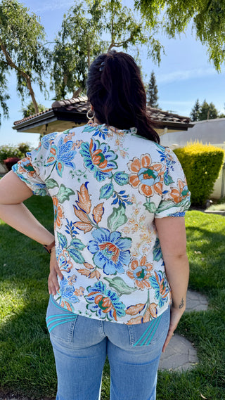 Vibrant Boho Floral Short Sleeve Blouse