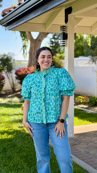 Entro Leopard & Gingham Mix Puff Sleeve Blouse – Green & Blue