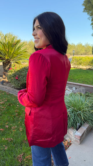 Women's One Button Satin Blazer in Red