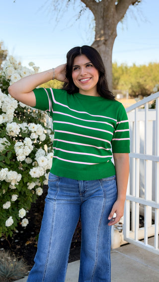 Green and baby pink striped short sleeve sweater for women, soft comfortable knit top