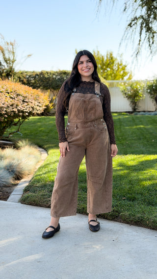 mocha mineral washed barrel leg overalls with adjustable buckle straps