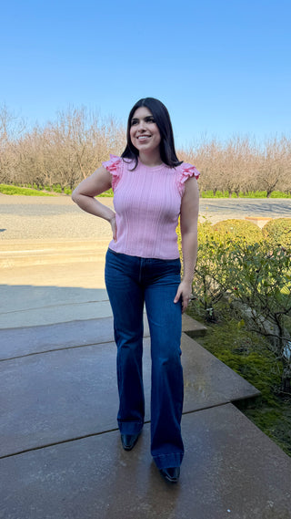 Ruffle Shoulder Ribbed Knit Top