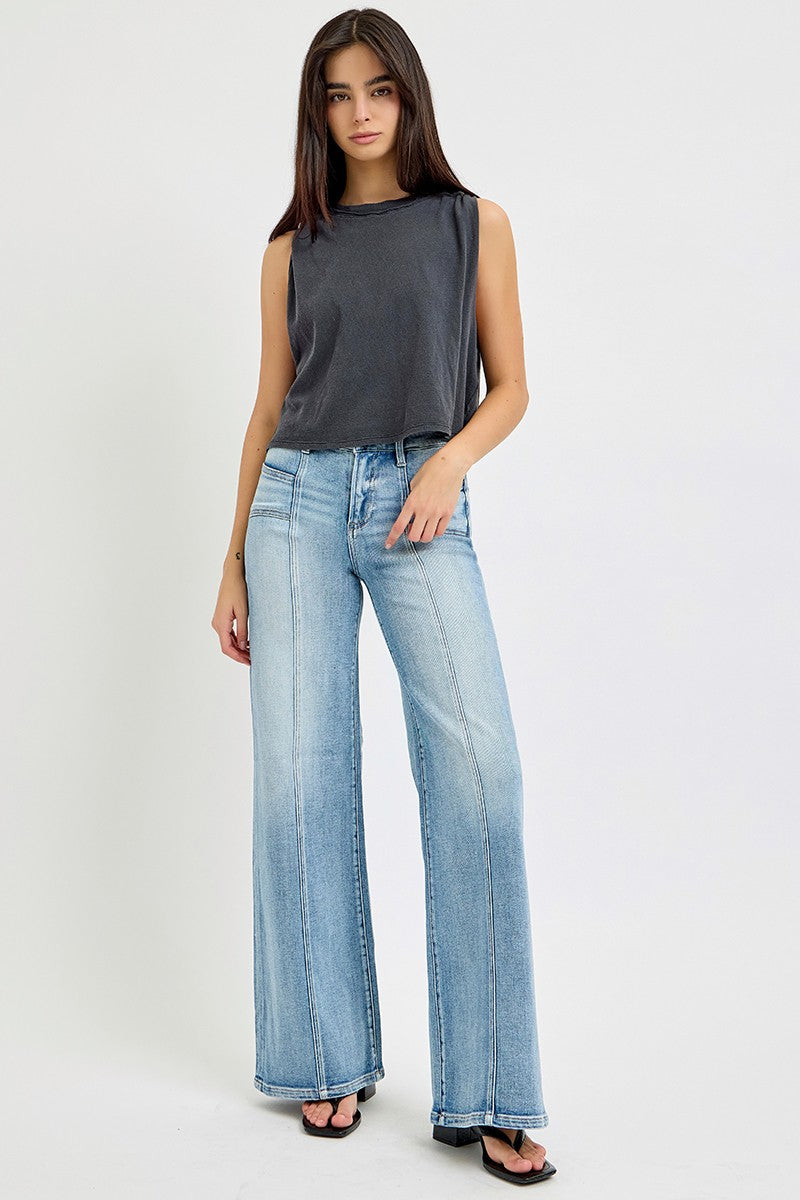 Women's light wash mid rise jeans with seam down the middle