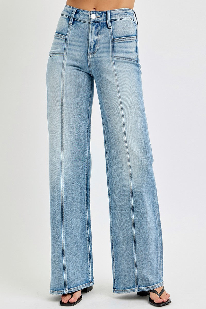 Women's light wash mid rise jeans with seam down the middle