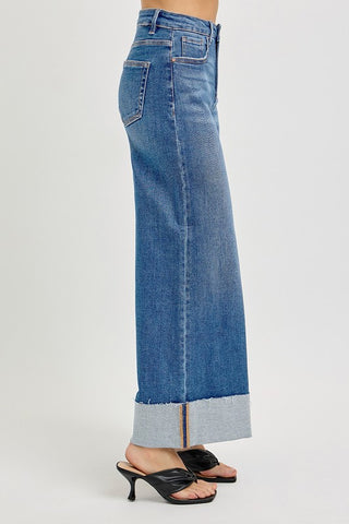 RISEN High Rise Wide Leg Cuffed Jeans