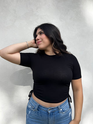 The Black Short Sleeve Ribbed Drawstring Tee