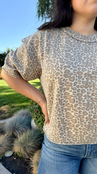 Woman wearing a neutral leopard print ribbed knit short sleeve top with a crew neckline, rolled sleeves, and a slightly cropped fit paired with medium wash jeans.