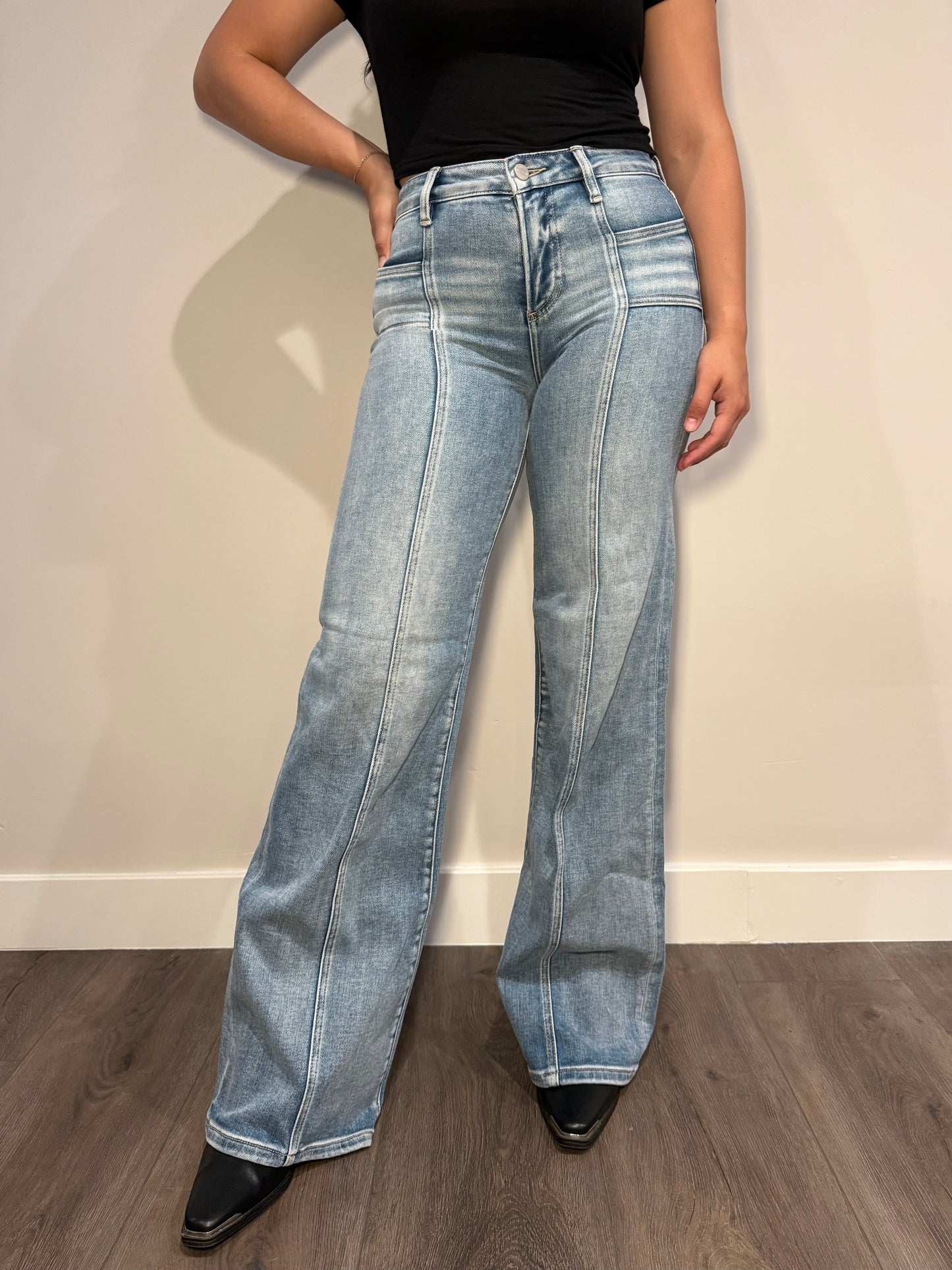 Women's mid rise jeans with seam down the middle