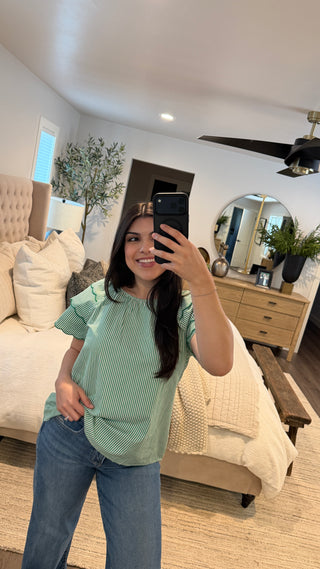 Emerald Scallop Sleeve Striped Cotton Blouse