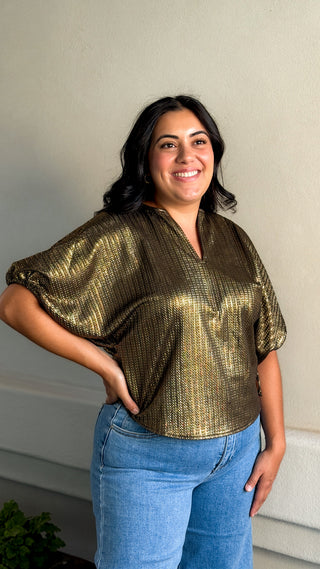 Women's metallic gold tie-sleeve top with V-neckline