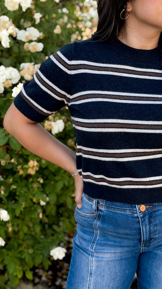 Close-up of navy striped sweater knit fabric and short sleeve detail