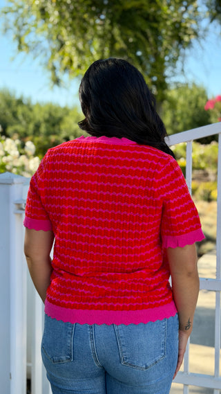 Zig-Zag Pattern Lightweight Short Sleeve Sweater Top - Pink