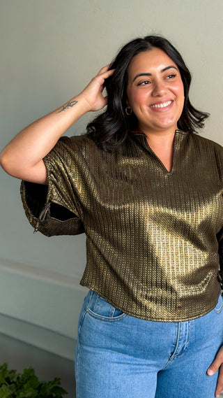 Women's metallic gold tie-sleeve top with V-neckline