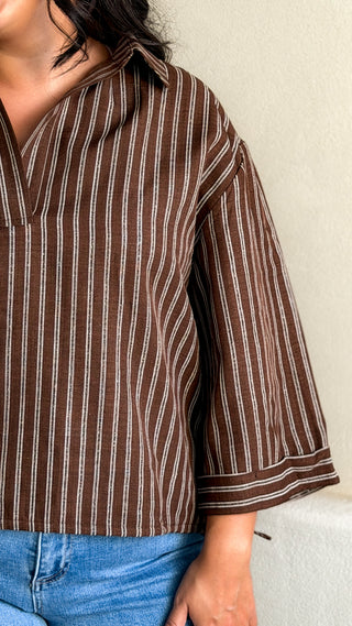 Women's oversized brown and white striped V-neck long sleeve top