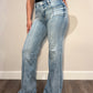 Women's light wash mid rise jeans with seam down the middle