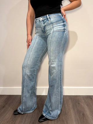 Women's light wash mid rise jeans with seam down the middle