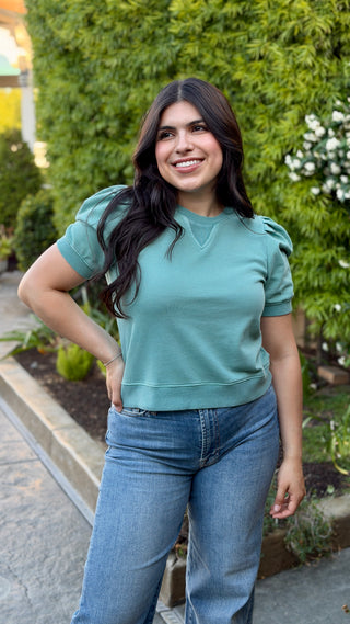 Pleated Puff Sleeve Crew Neck Top