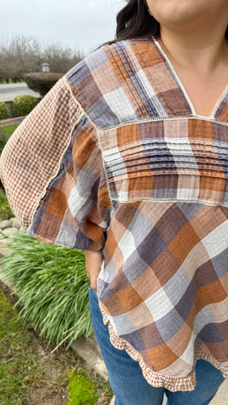 Women's V-Neck Plaid Blouse