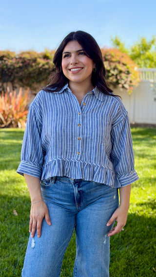 Striped Button Down Ruffled Hem Blouse