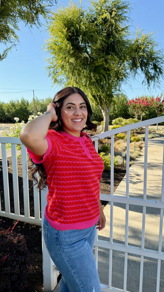 Zig-Zag Pattern Lightweight Short Sleeve Sweater Top - Pink