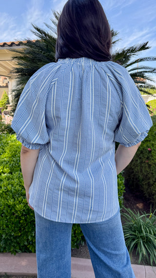Ruffle Detail Stripe Top in Blue