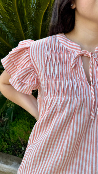 Stripe Ruffled Short Sleeve Blouse