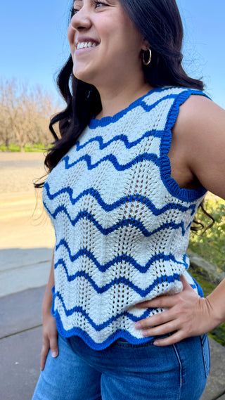Marine Scalloped Striped Knit Tank – Ivory & Blue