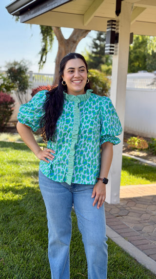 Entro Leopard & Gingham Mix Puff Sleeve Blouse – Green & Blue