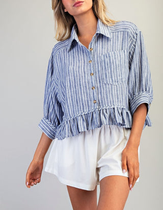 Striped Button Down Ruffled Hem Blouse
