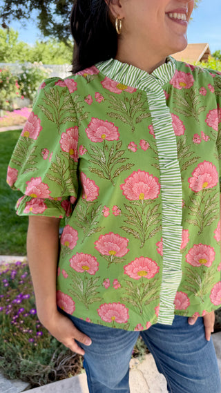 Entro Puff Sleeve Floral Blouse with Striped Trim