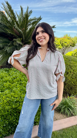 THML Ruffle Neck Striped Puff Sleeve Top – Pink & Green
