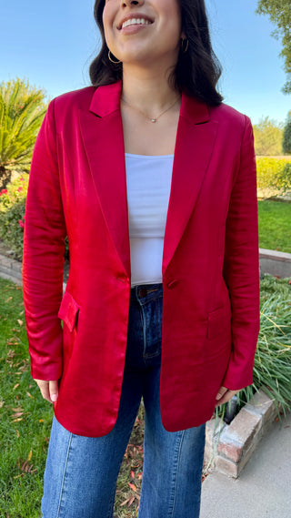 Women's One Button Satin Blazer in Red