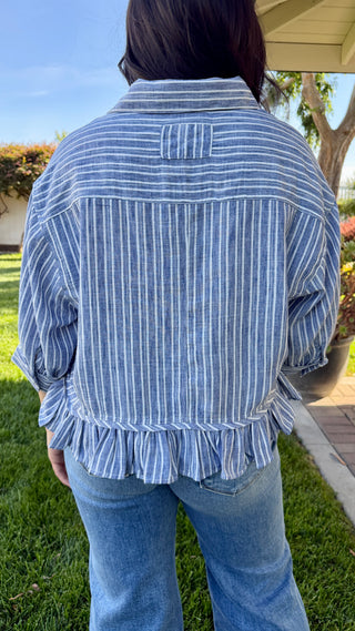 Striped Button Down Ruffled Hem Blouse