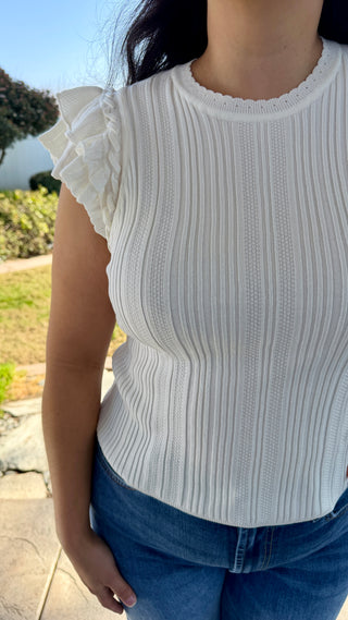 Ruffle Shoulder Ribbed Knit Top