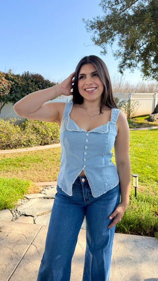 Striped Lace-Trim Button Front Top