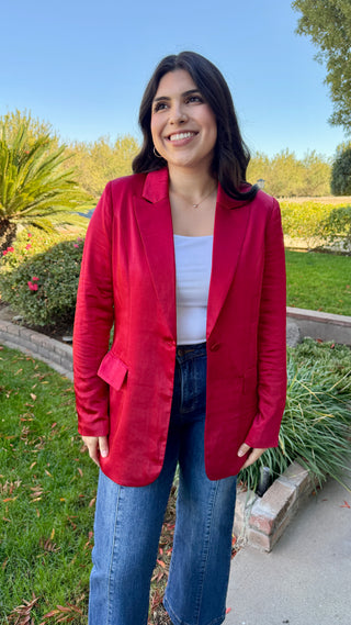 Women's One Button Satin Blazer in Red