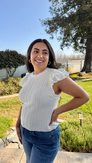 Ruffle Shoulder Ribbed Knit Top