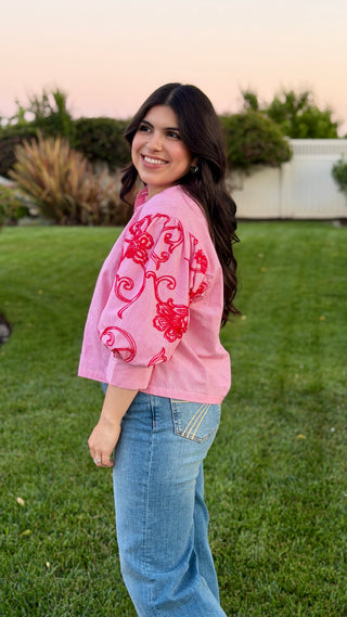 Floral Embroidered Puff Sleeve Striped Blouse – Ruffled Neck Button-Up