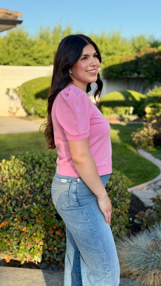 Pleated Puff Sleeve Crew Neck Top