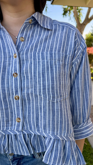 Striped Button Down Ruffled Hem Blouse