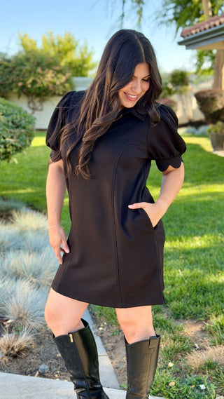 Entro Scalloped Sleeve Zip-Neck Dress - Black