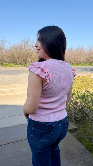 Ruffle Shoulder Ribbed Knit Top
